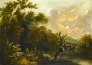 A Southern Wooded Landscape With Peasants And Animals By A River