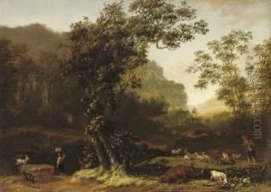 An Italianate Landscape With A 
Herdsman And His Flock Resting, Apeasant Girl On A Track Nearby