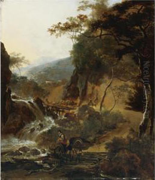 Figures And Cattle Crossing A Bridge - view 1