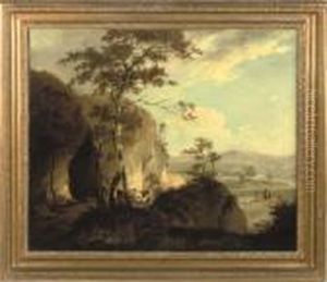 Cattle And Their Herdsman On A Rocky Path, An Extensive Landscape Beyond