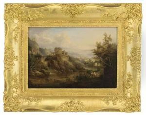 A Wooded River Landscape With Anglers In The Foreground, Classicalbuildings Beyond - view 1