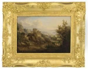 A Wooded River Landscape With Anglers In The Foreground, Classicalbuildings Beyond
