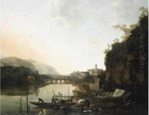 An Italianate River Landscape
With A Capriccio View Of A Town And A Broken Bridge Beyond, A Ferry-boat
And Bathers In The Foreground by Adam Pynacker