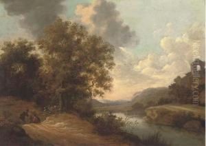 Figures On A Path In A River Landscape With A Hilltop Ruinbeyond Figures On A Path In A River Landscape With A Hilltop Ruinbeyond