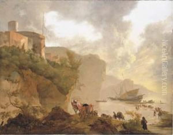 A Coastal Landscape With Stevedores Unloading A Ship, A Castlebeyond - view 1