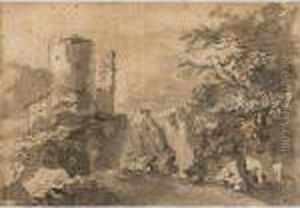 Italianate Landscape With A Ruined Tower Near Rocks