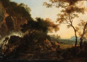An Italianate Landscape With A
Traveller On A Path By A Waterfall,a Drover And Cattle Beyond by Adam Pynacker
