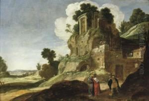 A Rocky Landscape With The Three Angels Appearing To Abraham by Jacob Pynas