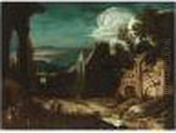A Wooded Landscape With Travellers Amongst Classical Ruins - view 1