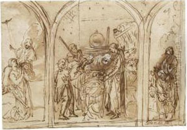 Study For An Altar With The
Adoration Of The Shepherds, Flanked By The Annunciation And The Baptism
Of Christ - view 1