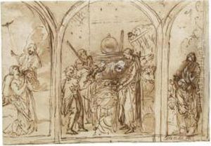 Study For An Altar With The
Adoration Of The Shepherds, Flanked By The Annunciation And The Baptism
Of Christ by Jan Pynas