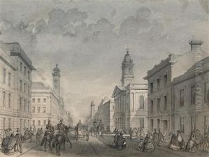 Mounted Guardsman, Elegant 
Figures And A Carriage On A Crowdedstreet, Thought To Be Dublin