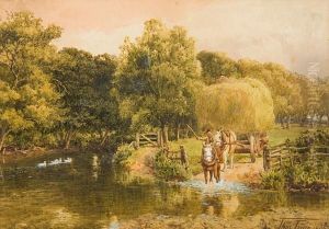 Horse And Cart In A River Landscape by Thomas Pyne