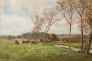 Springtime: Cattle Grazing In A Water Meadow by Thomas Pyne