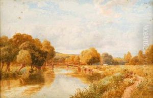 River Scene With Cattle Crossing A Bridge River Scene With Cattle Crossing A Bridge
