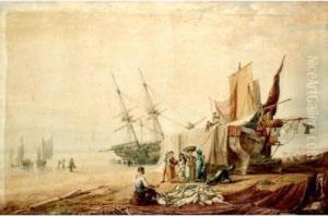 Figures Unloading Boats On The Shore by William Henry Pyne