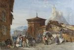 Figures In The Street, Le Puy, Clermont-ferrand, France by William Henry Pyne