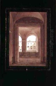 View of a Cloister with a Fountain by Paul Emile (or Destouches) Detouche