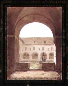 View of a Cloister with a Well by Paul Emile (or Destouches) Detouche