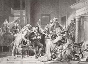 Charles I 1600-49 in the guard room insulted by Oliver Cromwells soldiers by Hippolyte (Paul) Delaroche