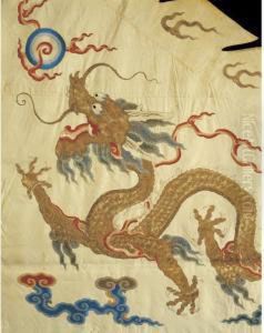 An Embroidered Yellow 'dragon' Banner An Embroidered Yellow 'dragon' Banner