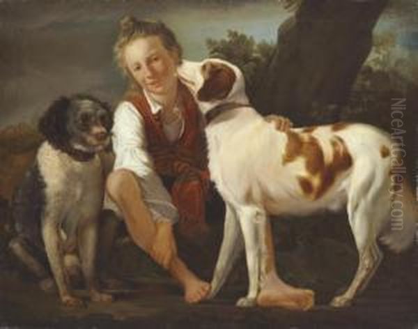 A Boy With Two Dogs, In A Landscape - view 1