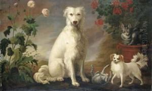 Two Dogs And Two Cats In A Landscape With Flowers by Martin Ferdinand Quadal