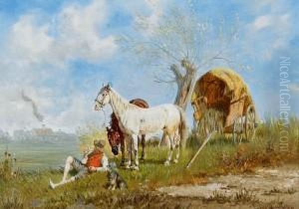 Landschaft Mit Einem Rastenden 
Bauern Und Seinemhund. Daneben Zwei Pferde Und Ein Heuwagen - view 1
