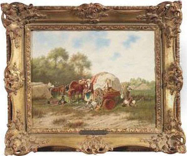 A Sutler's Carriage In A Camp. Oil/panel, Signed And Dated - view 1