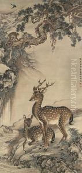 Deer, Monkey, Birds And Pine - view 1
