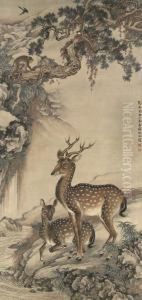 Deer, Monkey, Birds And Pine by Shen Quan