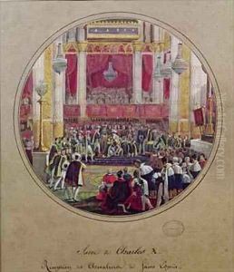 King Charles X 1757-1836 receiving the Knights of the Saint Esprit at Reims Cathedral on the 30th May by Jean-Charles Develly