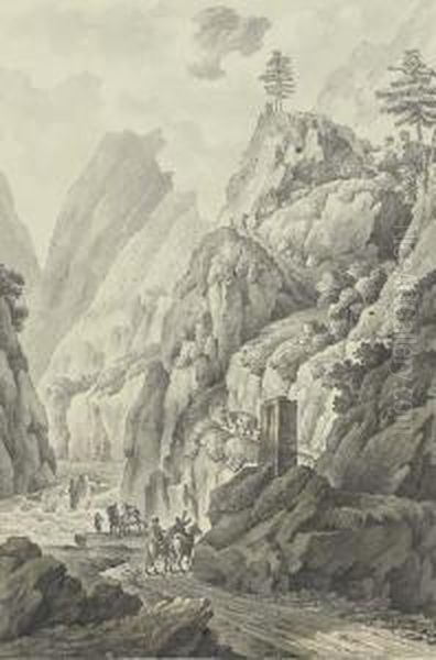 A Gorge In The Caucasus, Perhaps The Valley Of The Terek, Withtravellers On A Road - view 1