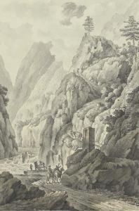 A Gorge In The Caucasus, Perhaps The Valley Of The Terek, Withtravellers On A Road by Giacomo Quarenghi