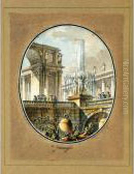 Veduta Di Fantasia Con Fontana, Edifici Classici E Figure - view 1