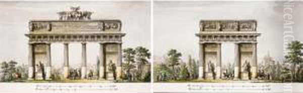 Two Drawings Of A Triumphal Arch
 In A Landscape Near A City, With Soldiers On Horseback And Other 
Figures - view 1