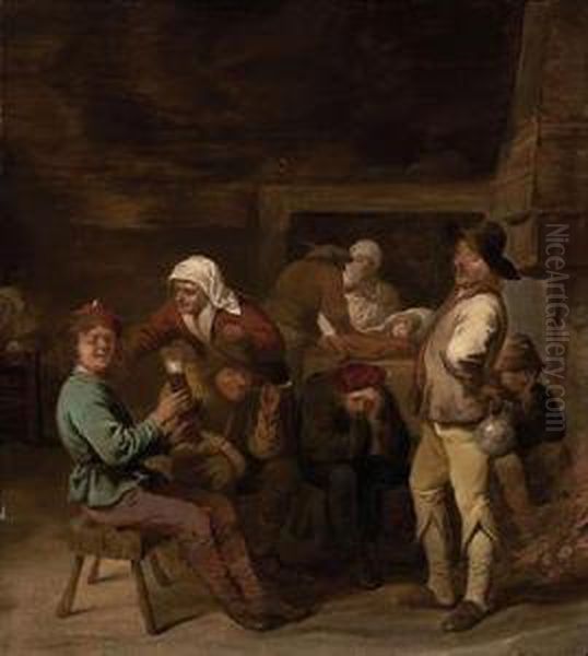 A Tavern Interior With Peasants Drinking And Smoking Beside Afire - view 1