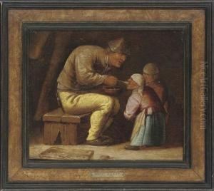 A Peasant Feeding Two Children In An Interior by Pieter Jansz. Quast