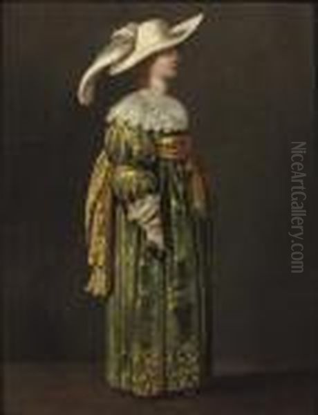 An Elegant Woman, Full-length,
Standing In Profile, In A Green And Gold Embroidered Dress And Feathered
Hat - view 1