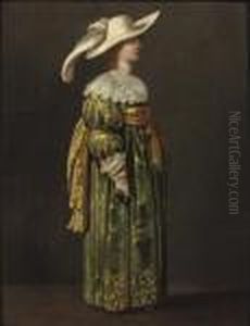 An Elegant Woman, Full-length,
Standing In Profile, In A Green And Gold Embroidered Dress And Feathered
Hat by Pieter Jansz. Quast