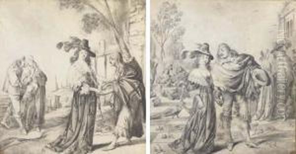 An Elegant Lady Giving Alms To A
 Beggarwoman, An Amorous Couplebeyond; And An Elegant Company In A 
Pleasure Garden Strewn Withflowers - view 1