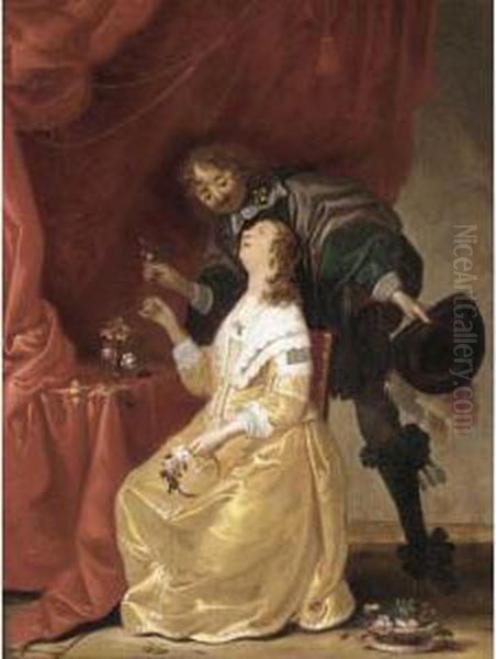 Interior With A Cavalier Giving A Lady Flowers - view 1