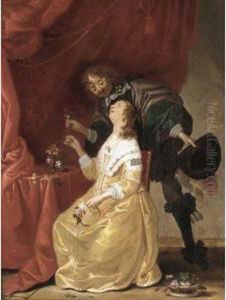 Interior With A Cavalier Giving A Lady Flowers by Pieter Jansz. Quast