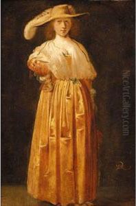 Portrait Of A Lady, Full Length, Wearing An Orange Silk Dress And A Silk Shawl