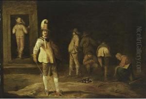 A Kortegaardje, Soldiers And Peasants Gathered Around A Fire In A Barn