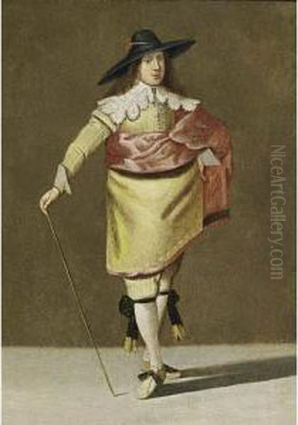 A Portrait Of A Gentleman, 
Standing Full Length, Wearing A Yellow Suit With Lace Collar And Cuffs 
And A Red Cloak, Holding A Stick In His Right Hand - view 1