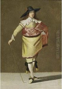 A Portrait Of A Gentleman, 
Standing Full Length, Wearing A Yellow Suit With Lace Collar And Cuffs 
And A Red Cloak, Holding A Stick In His Right Hand by Pieter Jansz. Quast