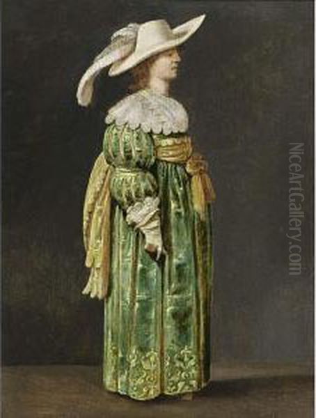 A Portrait Of A Lady, Standing 
Full Length, Wearing A Green Satin Dress With Lace Cuffs And Collar, A 
Yellow Sash, White Gloves, And A White Hat With A Feather - view 1