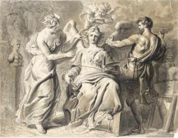 An Allegory Of The Arts, With
Iris And Geometry Attending The Three-headed Figure Of Painting And
Sculpture, A Putto Crowning Her With Laurels - view 1