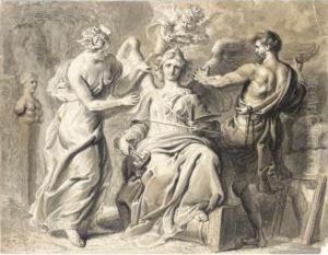 An Allegory Of The Arts, With 
Iris And Geometry Attending The Three-headed Figure Of Painting And 
Sculpture, A Putto Crowning Her With Laurels